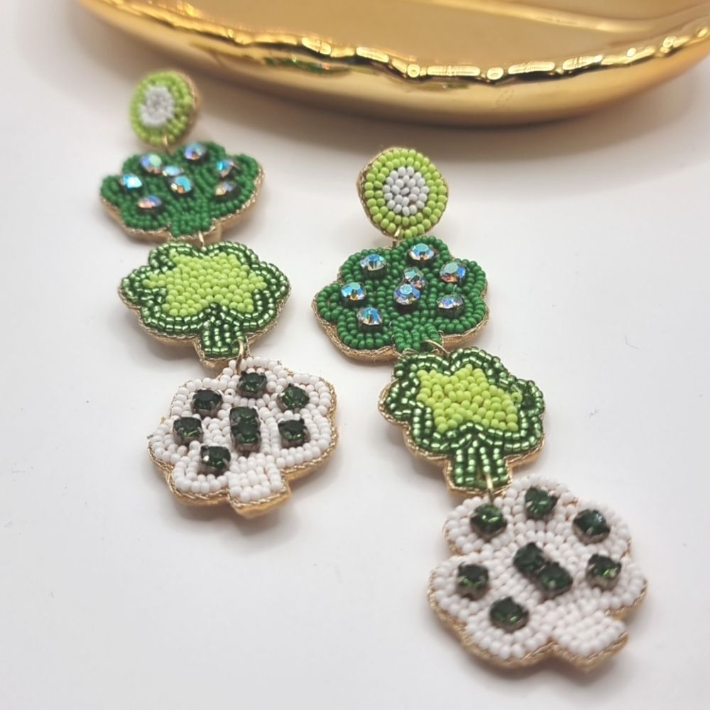 New TRIPLE CLOVER graphic bling sead beed St Patty's day earrings